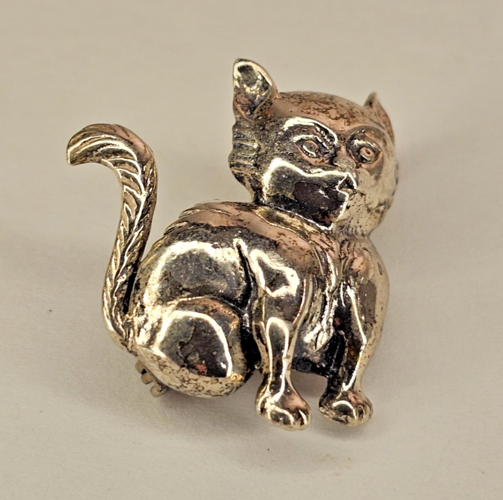Vintage Jewel Art Sterling Silver Kitty Cat Brooch Pin - Adorable! 26mm